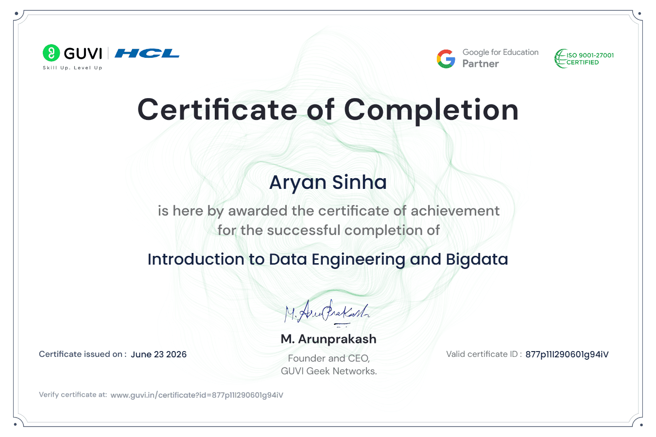 Introduction to Data Engineering and Bigdata - HCL GUVI